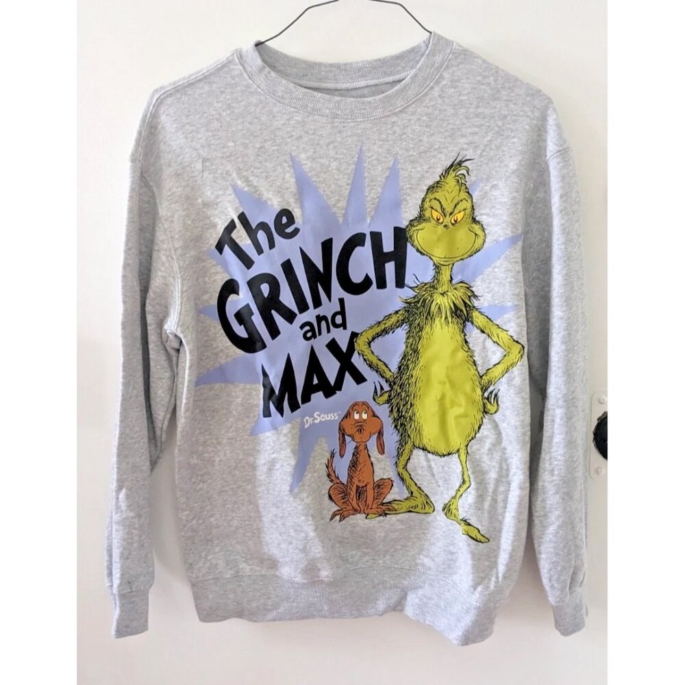 The Grinch and Max Dr. Seuss Women's SMALL Grey Fleece Lined Christmas Sweater